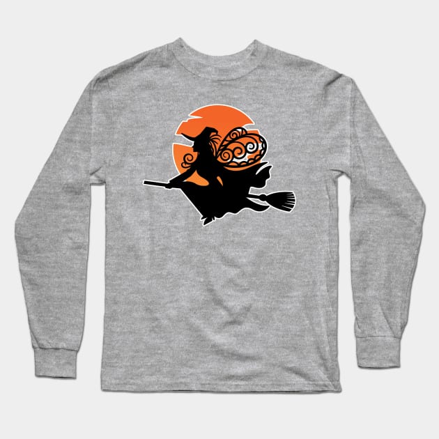 Witch On A Broom T-shirt Long Sleeve T-Shirt by OTM Sports & Graphics